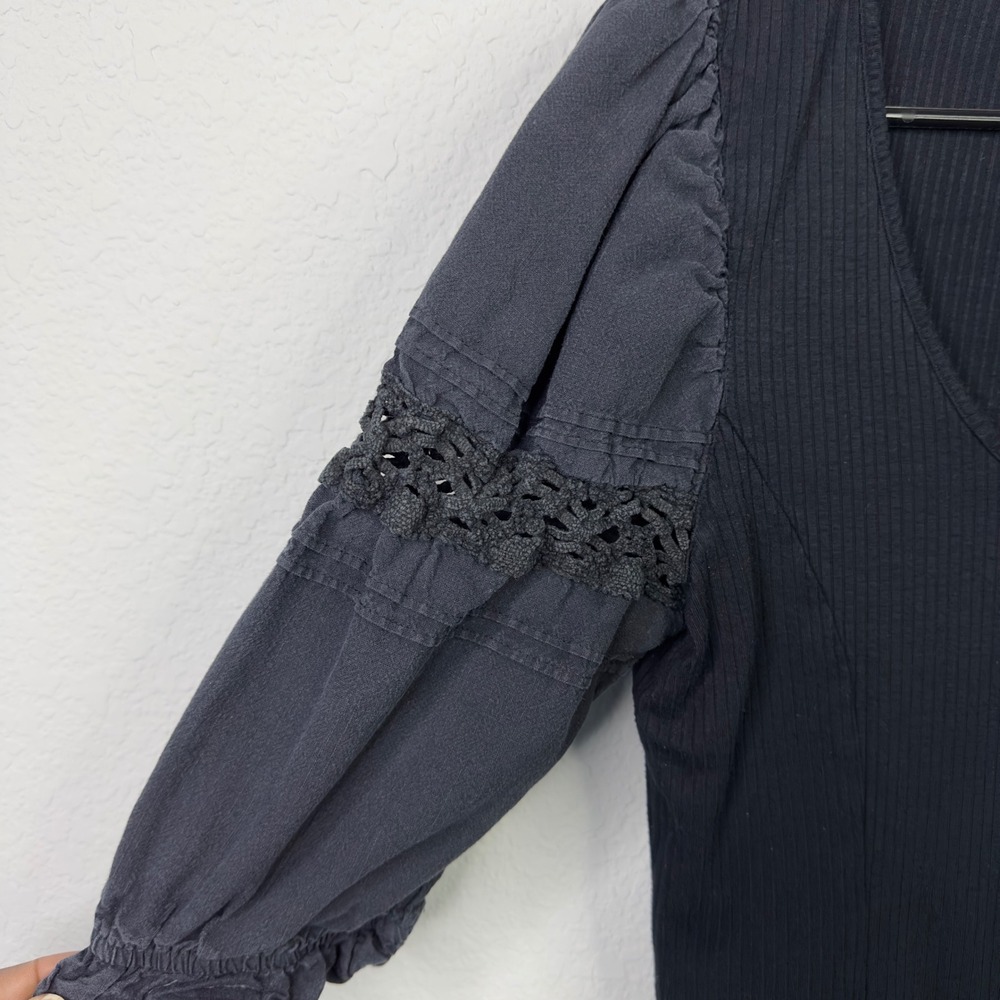 Free People Shirt S Black Ribbed Puff Sleeve Crochet Lace Romantic Goth Boho - Picture 6 of 8